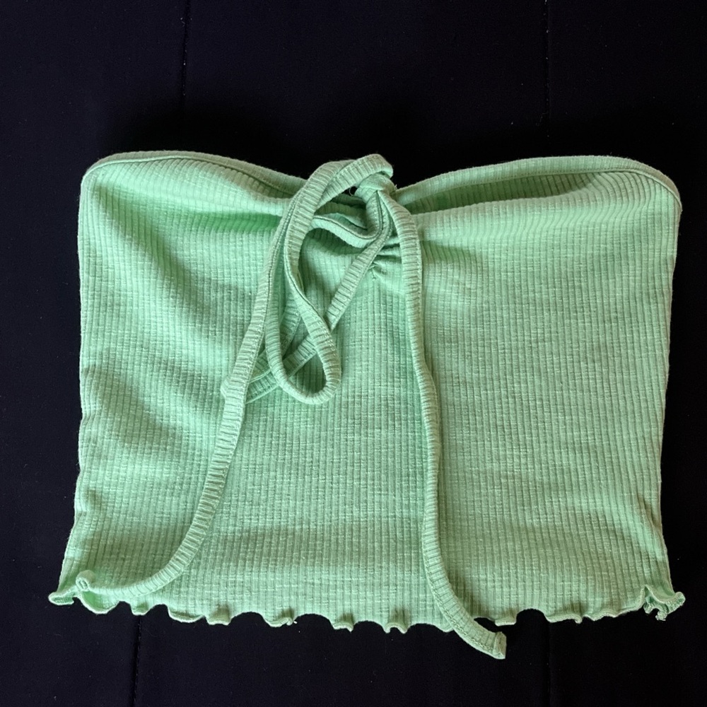cropped green tube top with untie-able strings